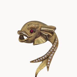 Vintage Brooch Gold-Toned Red Rhinestone Eye/White Rhinestone Tail Figural Fish